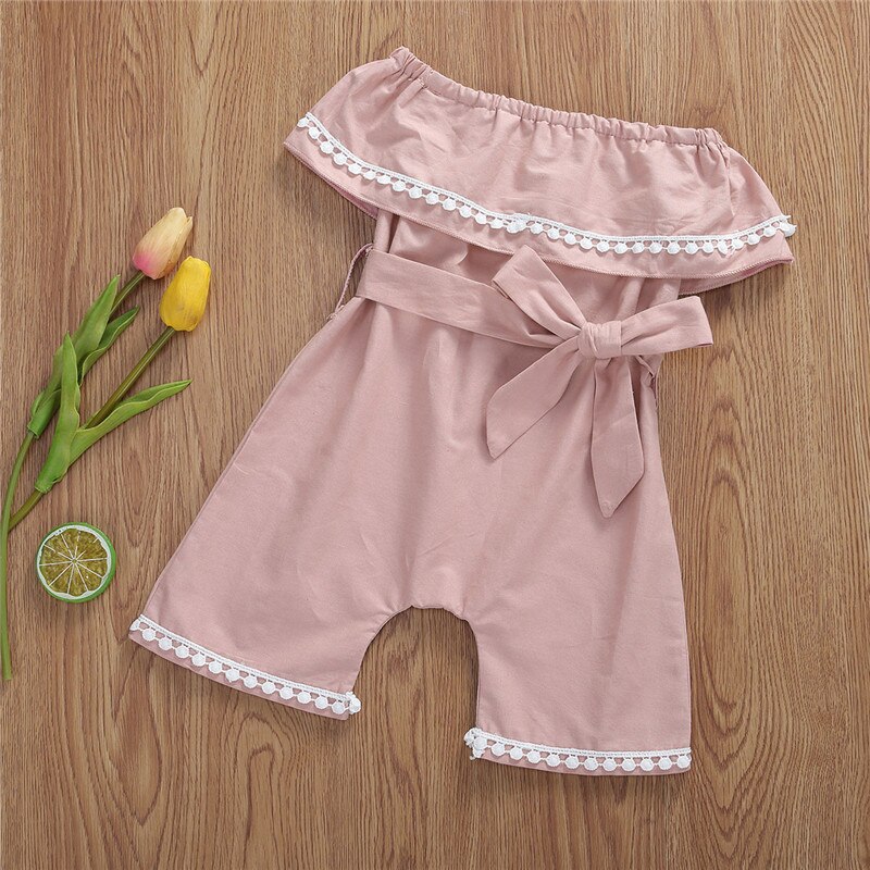 Baby Meisjes Romper Jumpsuit - Off Shoulder Strik Riem Zomerkleding