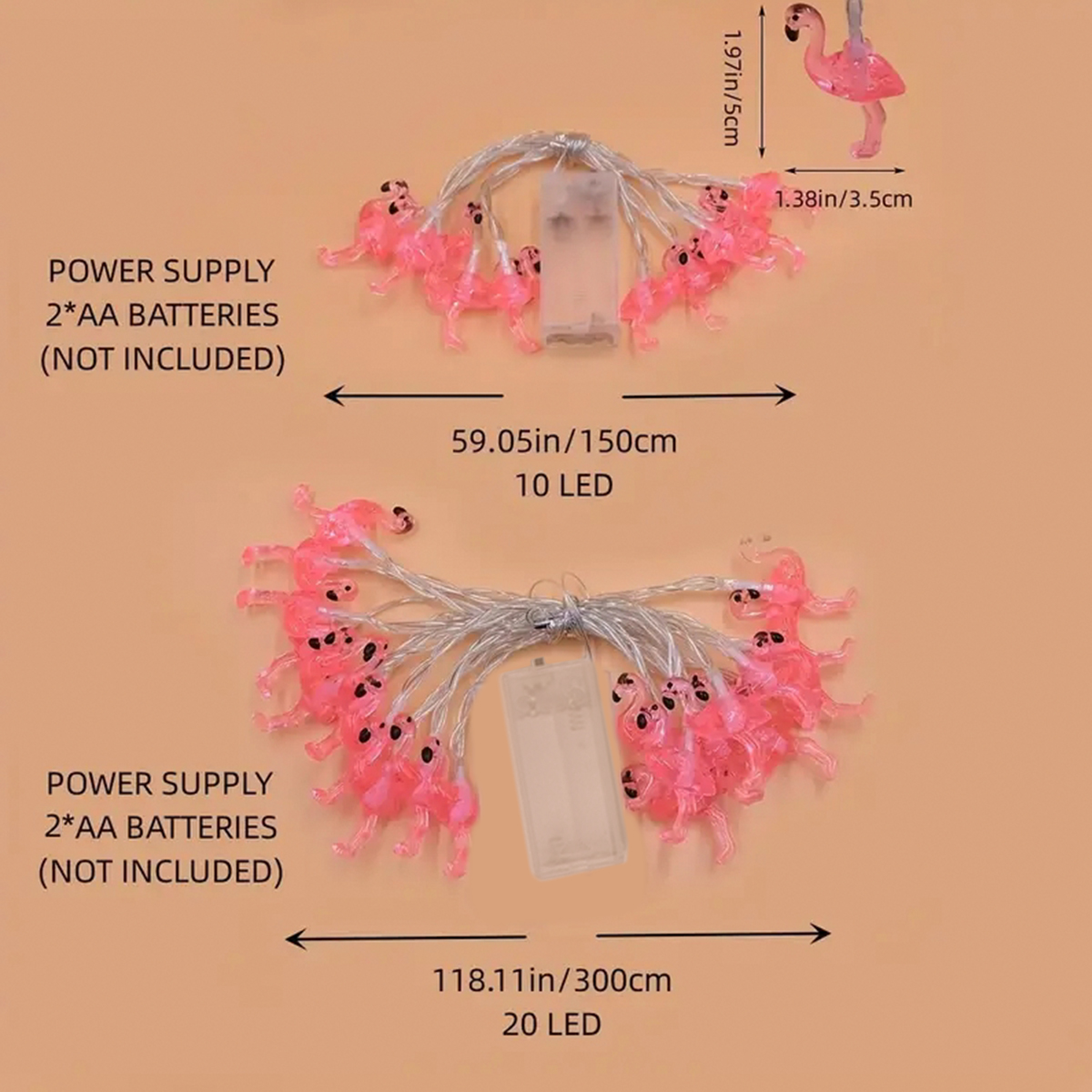 Guirlande lumineuse flamant rose à 10/20 LED, 1 pièce, 59.06 pouces/118.11 pouces, guirlande lumineuse féerique à piles pour décoration de fête d'anniversaire d'été
