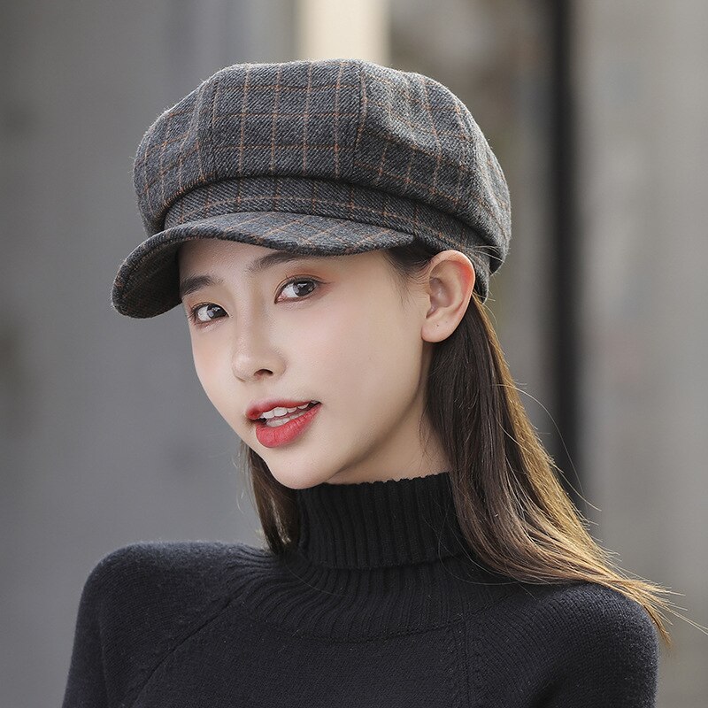 Women Wool Cotton Blend Berets Winter Autumn Octagonal Beret Caps Stylish Artist Painter Hats Classic Lattice Beret Hat: Style 1 Gray