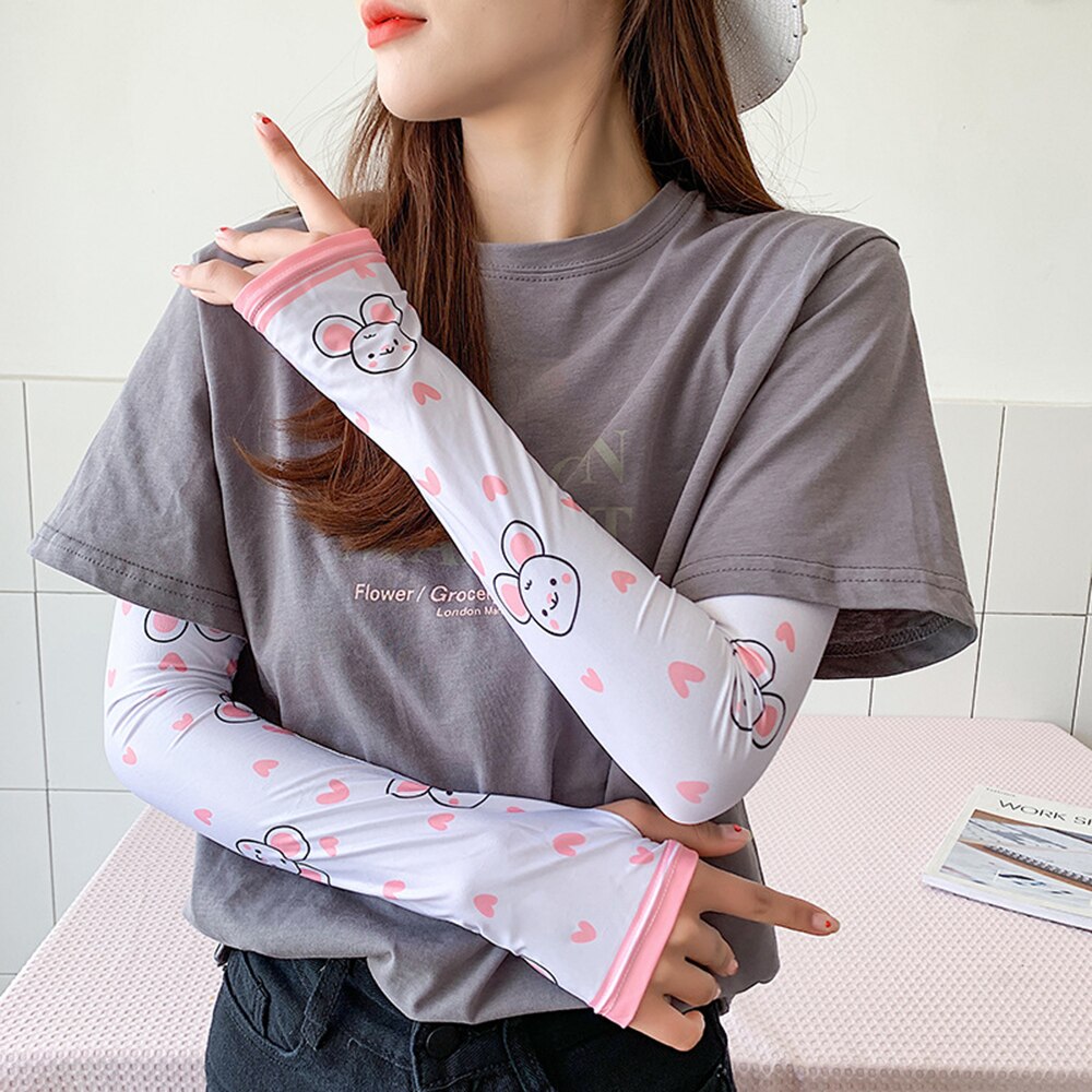 Dames arm mouwen ijs zijde koud fruit bloemen print zonnehandschoenen halve vinger auto armwarmers sport zonnebrandcrème mouw: H