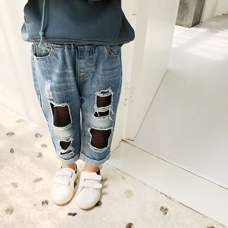 Jeans extensibles pour enfants, pantalon déchiré avec Inserts en maille pour filles, printemps automne