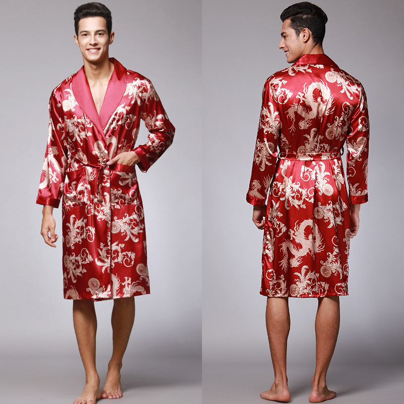 Mannen Zomer Herfst Kimono Badjas Zijde Satijn Gouden Draak Lange Badjas Kamerjas Knielengte Zwarte Nachtkleding: L / green