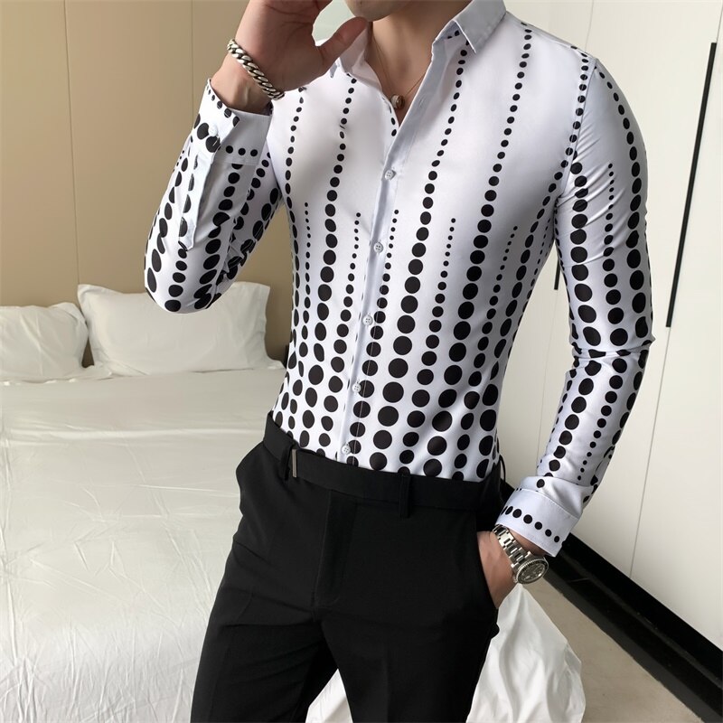 Koreanska herr prickade skjortor höst långärmad herrskjorta högtidskläder slim fit casual arbetsskjortor för herrkläder 3xl- m: Vit / Asiatisk 3xl 72-77kg