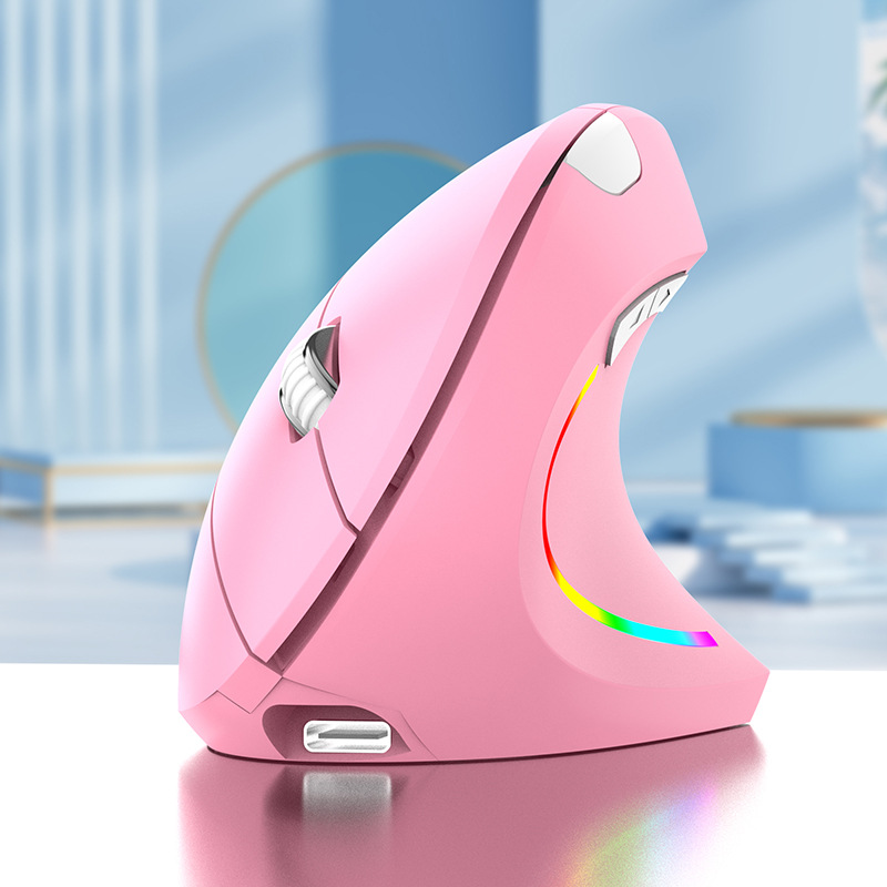 Wireless Vertical Mouse Bluetooth 2.4G Dual Mode 6 Keys Ergonomic 2400 DPI RGB Backlight Type C Muted Click Gaming H1: Pink