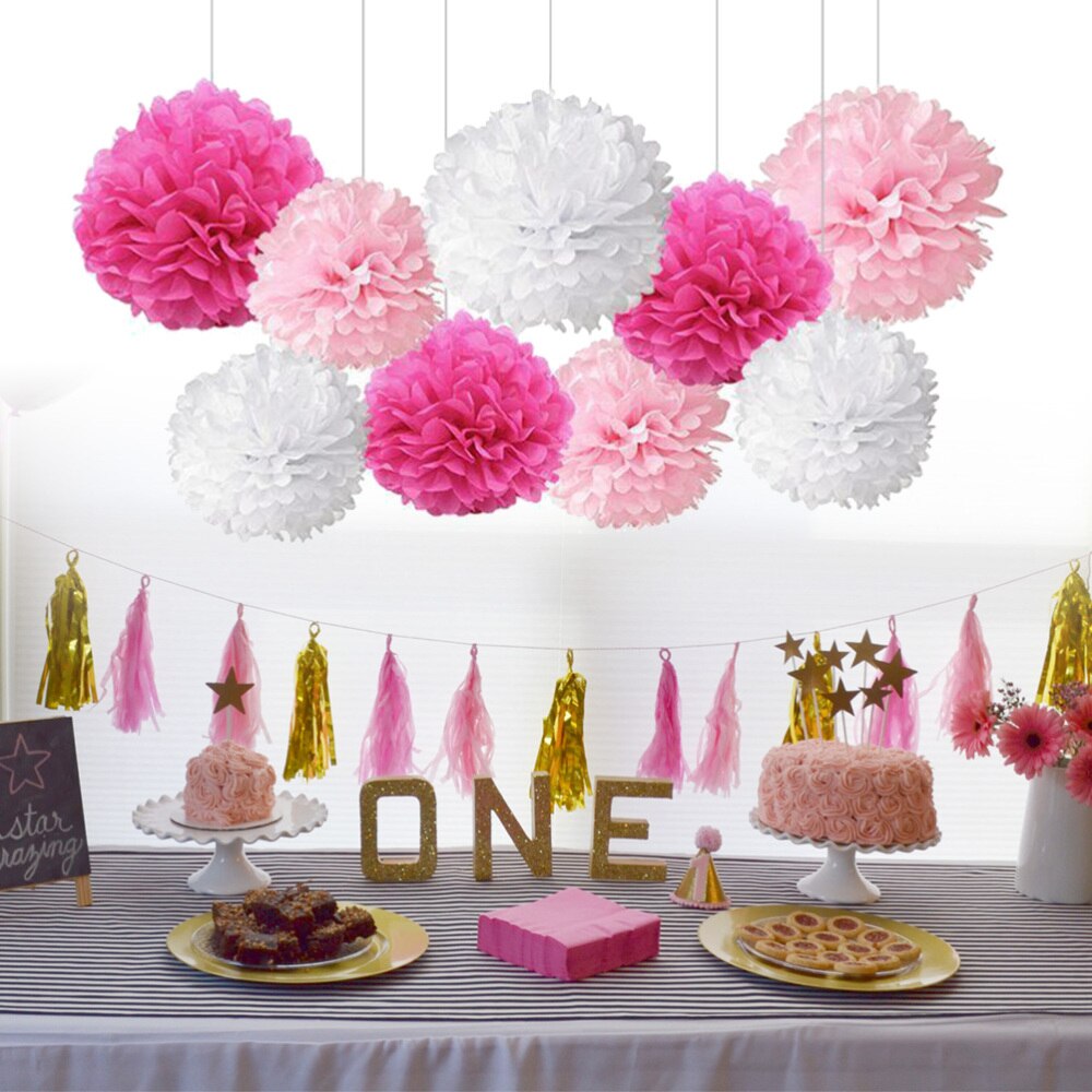 9PCS Tissue Hanging Paper Pom-poms Flower Wedding Party Outdoor Decoration Premium Tissue Paper Pom Pom Flowers Craft Kit (