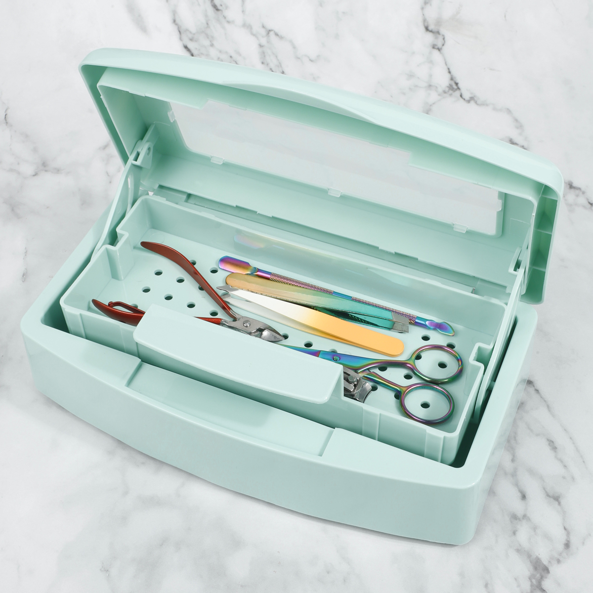 1 pz Vassoio sterilizzatore per utensili per unghie, scatola di disinfezione bianca per pinza metallica in acciaio, pinzette Pulitore per attrezzature Sterilizzazione pulita in plastica