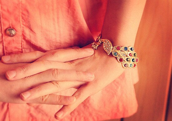 Bracelet paon coloré en alliage arc-en-ciel pour femmes, bijoux en cristal, à la ,