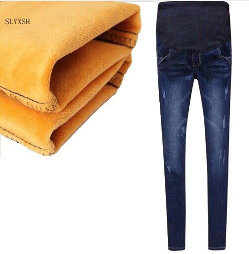 Pantalones vaqueros de invierno gruesos con terciopelo , pantalones cálidos, ropa de mezclilla, ropa de maternidad para mujeres embarazadas, pantalones de cintura elástica