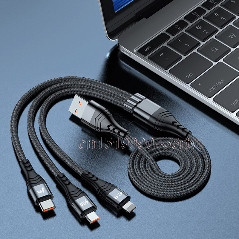 3-in-1 USB-Kabel 6A Schnelladen für iPhone, Huawei, Samsung - USB-A auf Typ-C, Mikro USB, Blitz
