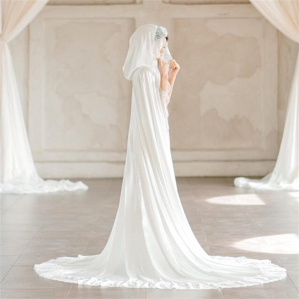 Zijde Satijn White Wedding Cape Bridal Shawl Zachte Kant Kathedraal Lengte Geappliceerd Lange Mantel Kerst