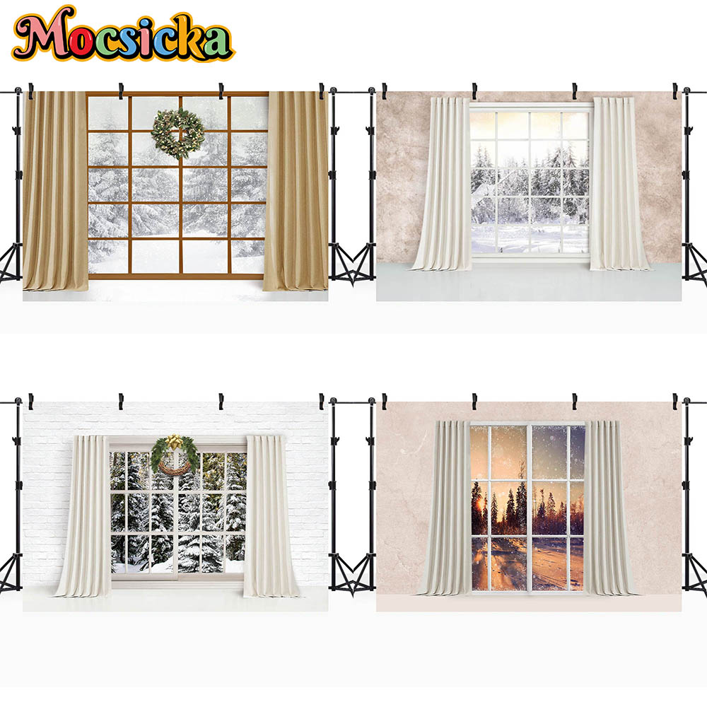 Mocsicka Christmas Curtain Window Photography Backdrop Winter Snow Scene Family Portrait Photo Background for Studio Photo Shoot