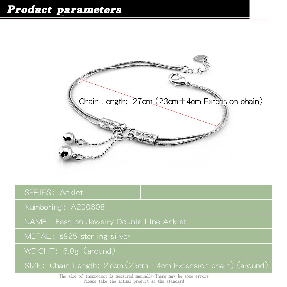 925 jewelry for lady leg chain, 925 silver small bell anklet. Double snake chain women accessories