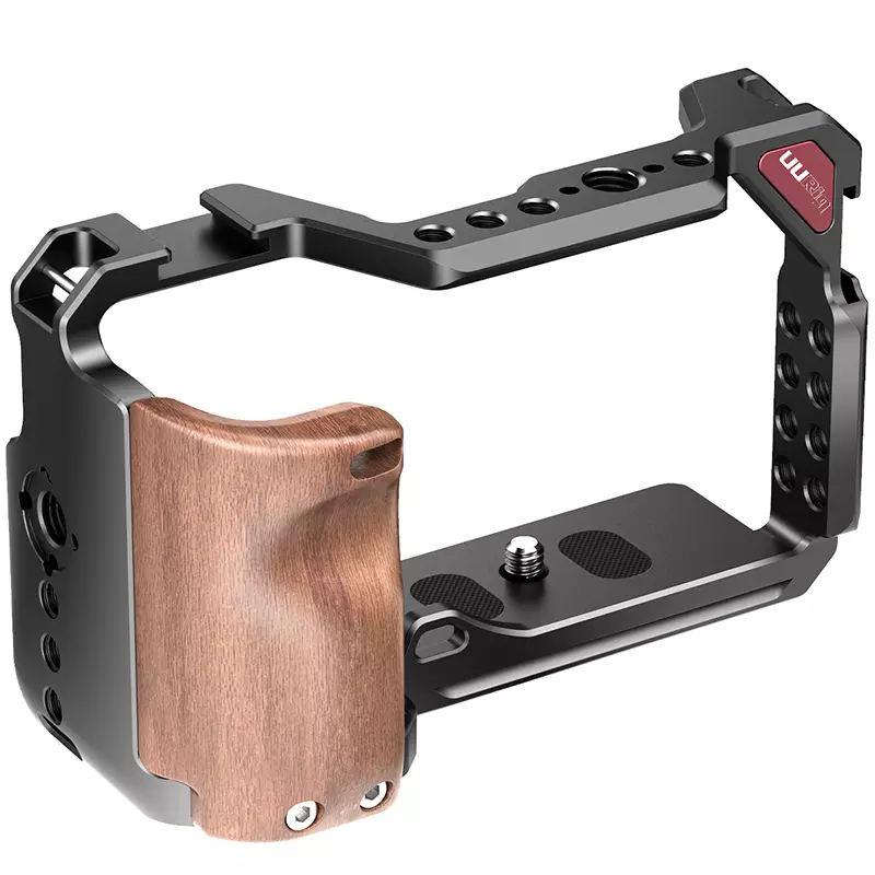 Dla UURig metalowa klatka dla Sony A6400 A6300 A6100 A650 z drewnianą rączką zimne buty 1/4 3/8 śruba robić mikrofonu doprowadziło światło