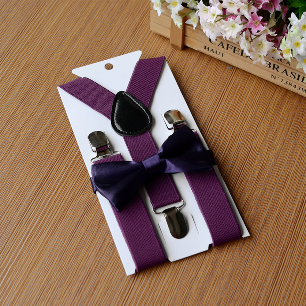 Børn elastiske seler butterfly sæt matchende smoking jakkesæt unisex dreng pige bowtie bryllup kostume justerbar y-tilbage bøjle bælte: Lilla