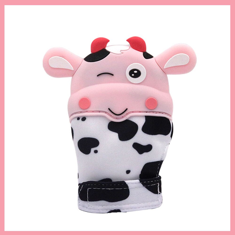 Baby Silicone Mitts Teething Mitten Glove Sound Teether Newborn Chewable Nursing Mittens Teether Natural Stop Sucking Thumb Toy: Pink Cow