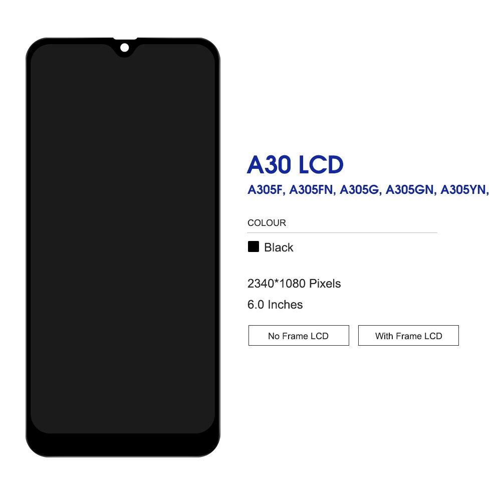6.4 & #39 ;& #39 ; skjerm for samsung galaxy  a30 a305/ ds  a305fn a305g a305gn a305yn lcd berøringsskjerm digitizer med rammemontering