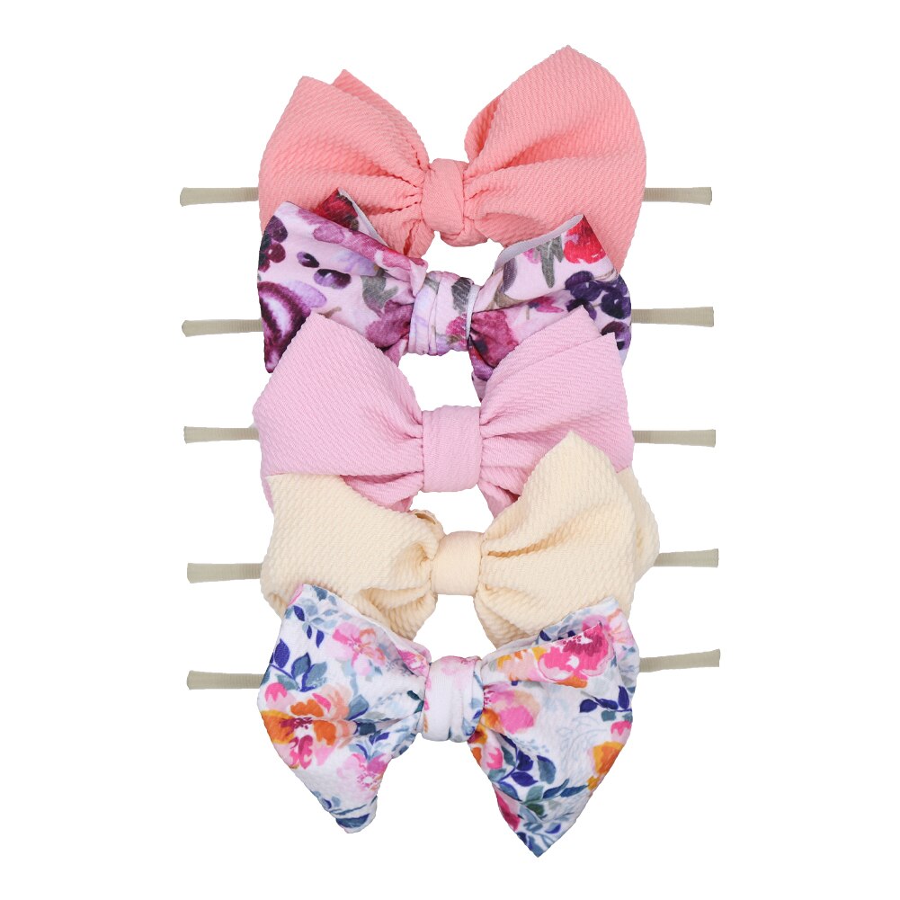 5Pcs/Lot Flower Print Elastic Nylon Band 5.9'' Big Bow Knot Headband Newborn Non-Marking Hair Accessories: mix4