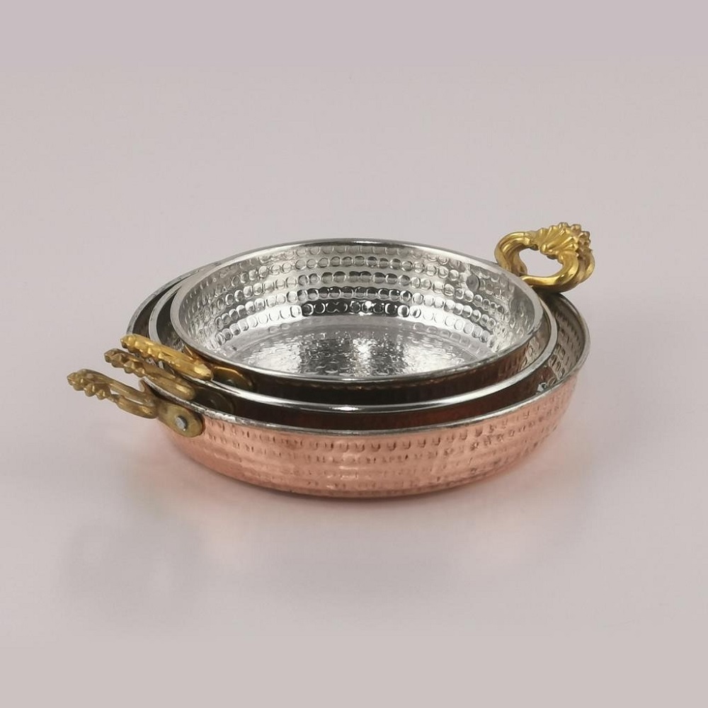 Sahan Pan Copper Skillet Traditional Turkish Egg Omelette Frying Cooking Cook Made Turkey Fryer Pot with Brass Handles Non-Stick
