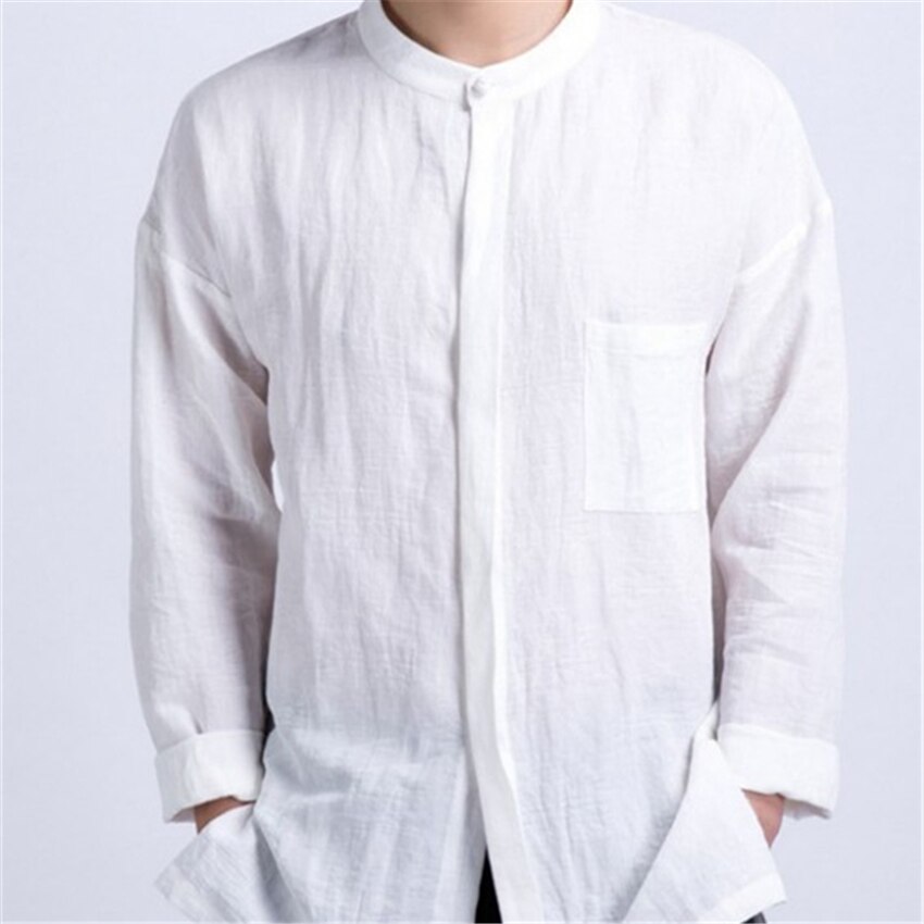 Chinese Style Kung Fu Clothes for Men Tang Suit Retro Long Sleeve White Solid Mandarin Collar China Shirt Top Hanfu