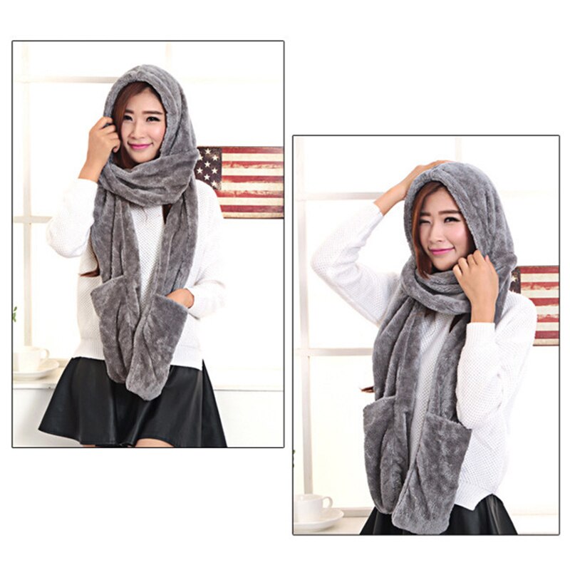 3 in 1 Women Warm Hood Scarf Snood Pocket Gloves Hat Comfortable Warm for Winter Outdoor Sets-B5: Dark Gray