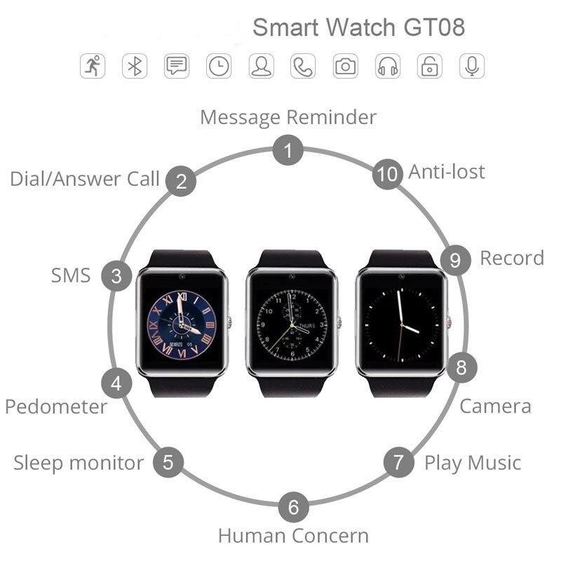 Bluetooth montre intelligente GT08 Smartwatch sommeil Tracker réveil Message rappel d'appel GSM SIM TF carte caméra musicale pour android
