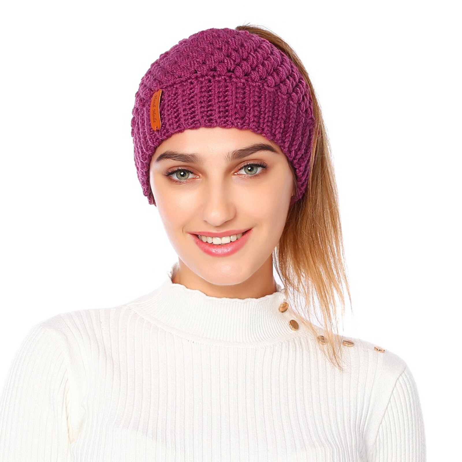 Hiver en plein air Skullies bonnet chapeau tricot salissant haute chignon queue de cheval bonnet: Taro Milk
