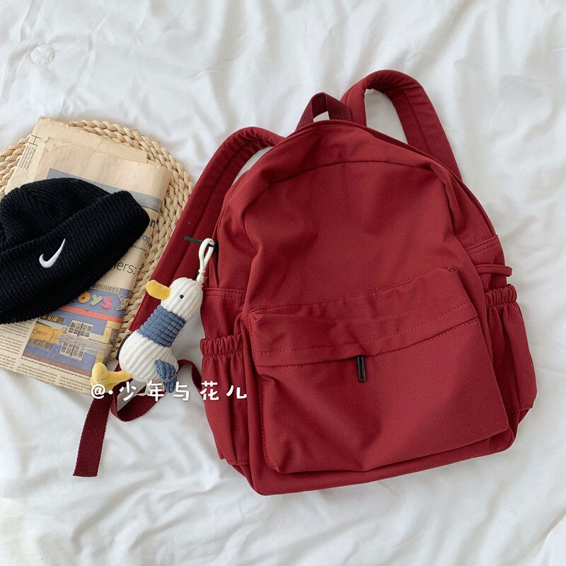 Female Student Korean Harajuku Schoolbag Large Capacity Nylon Backpack Outdoor Travel All-Match Multifunction Package: red Pendant