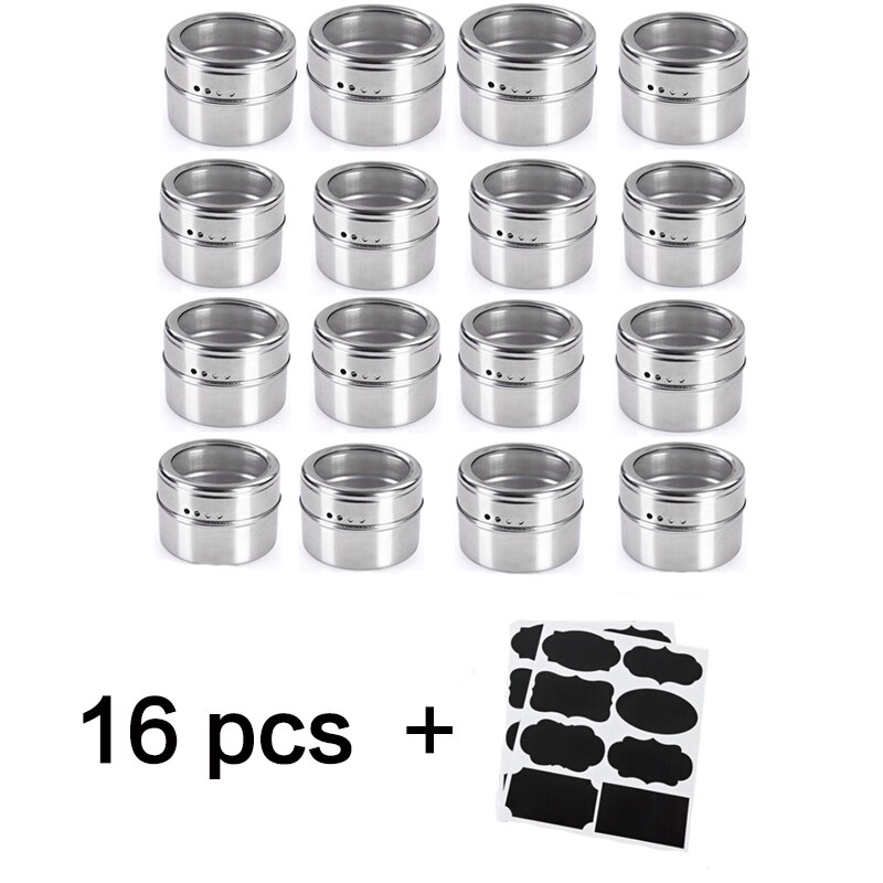 Magnetic Spice Jar Set With Stickers Stainless Steel Spice Storage Tins Container Pepper Seasoning Sprays Tools seasoning bottle: 16 pcs set