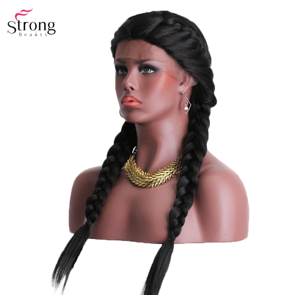 Perruque Lace Front Wig deux tresses françaises, perruque lace Wig synthétique noire avec Baby Hair pour femmes