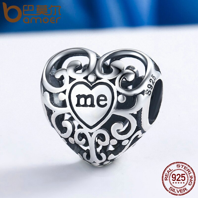 BAMOER Romantic Real 925 Sterling Silver Openwork You & Me Flower Leaf Beads fit Charm Bracelet & Bangle DIY Jewelry SCC145