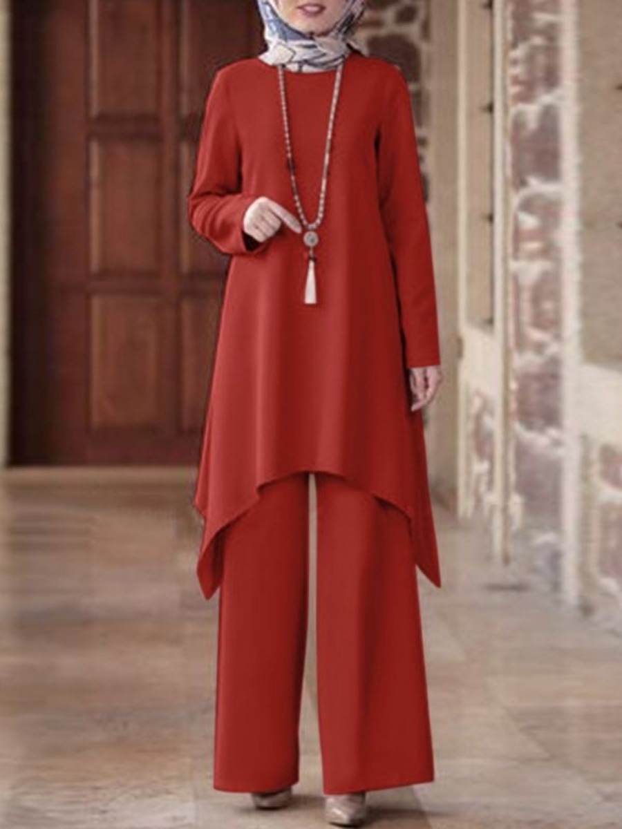 Conjuntos de dos piezas para mujeres musulmanas de Ramadán, camisa y pantalones, trajes sólidos, camisa, blusa, conjuntos musulmanes, caftán marroquí, conjuntos de vestidos islámicos