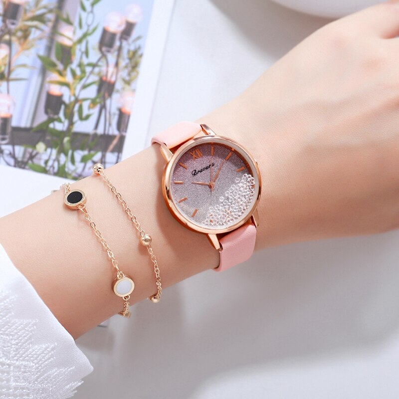 Scroll diamant dames casual leren dameshorloge quartz polshorloge sterrenhemel damesklok reloj mujer relogio feminino: Roze set