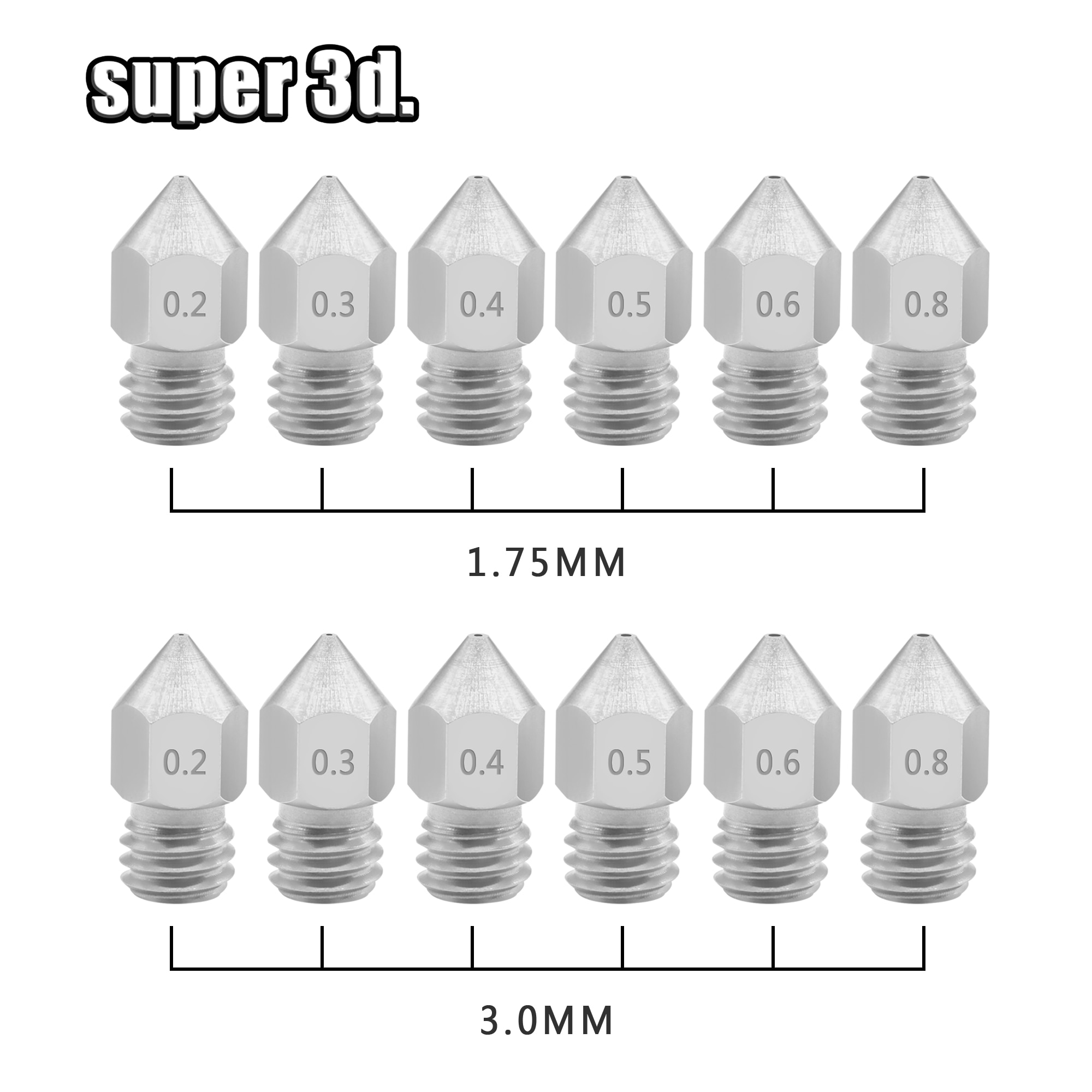 5pcs MK8 Nozzle 0.2/0.3/0.4/0.5/ 0.6/0.8mm 3D Printers Parts Extruder Threaded for 1.75/3.0mm Filament Stainless Steel Part