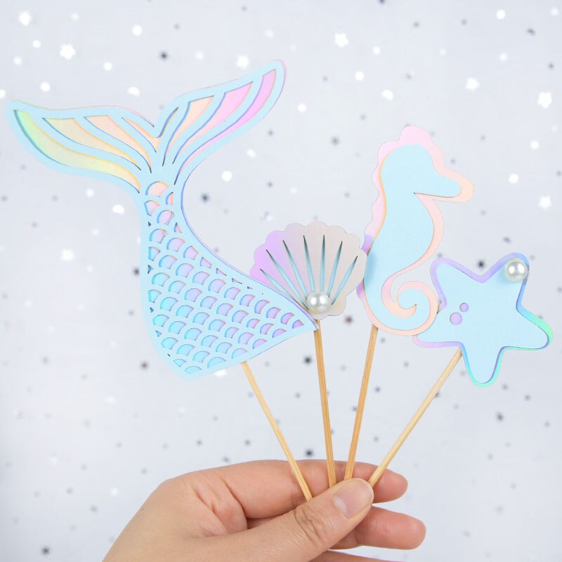 Adornos para pastel de cola de sirena y estrella de mar, decoración para de cumpleaños para niños, decoración para cupcakes, suministros para Baby Shower y boda, 4 unids/set por Set: set2