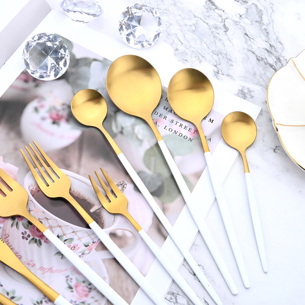 6Pcs Bestekset Rvs Zilverwerk Mes Vork Thee Lepel Servies Wit Goud Servies Bestek Keuken Diner Set