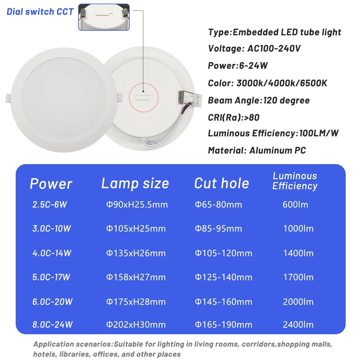 4 stuks draaischakelaar cct led downlight 100-240v 3000k 4000k 6500k plafondlamp 6w-24w inbouw ronde paneellamp binnenverlichting