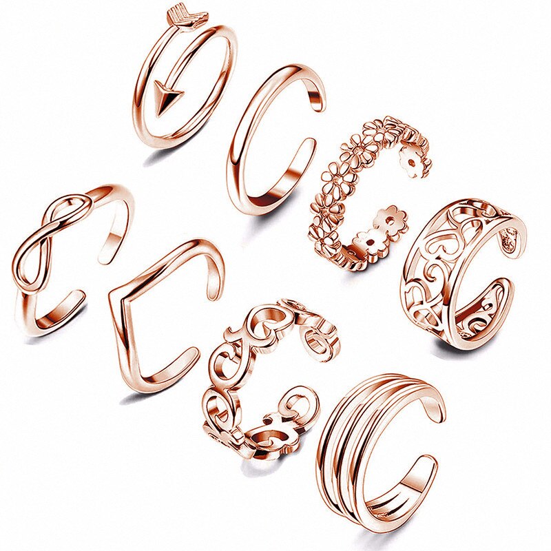 925 Sterling Silber Sommer Strand Knöchel Fuß Ring Offene spitze Ringe 8 teile/satz für Frauen Mädchen Finger Einstellbare Schmuck: Rose / Weiß