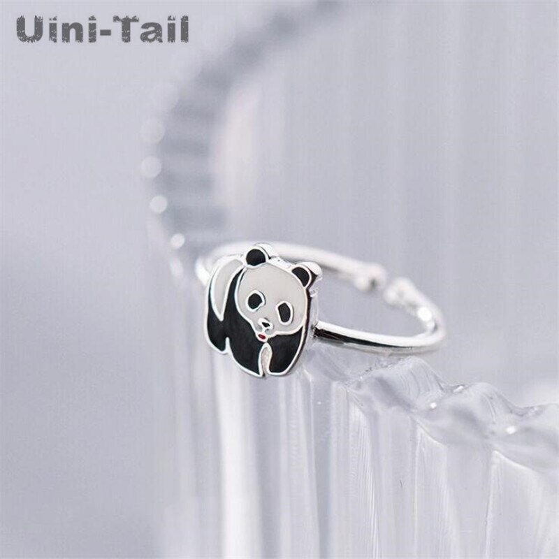 Uini-tail-anillo ajustable con apertura de panda, Plata de Ley 925, Tesoro Nacional de China, animal PEQUEÑO de