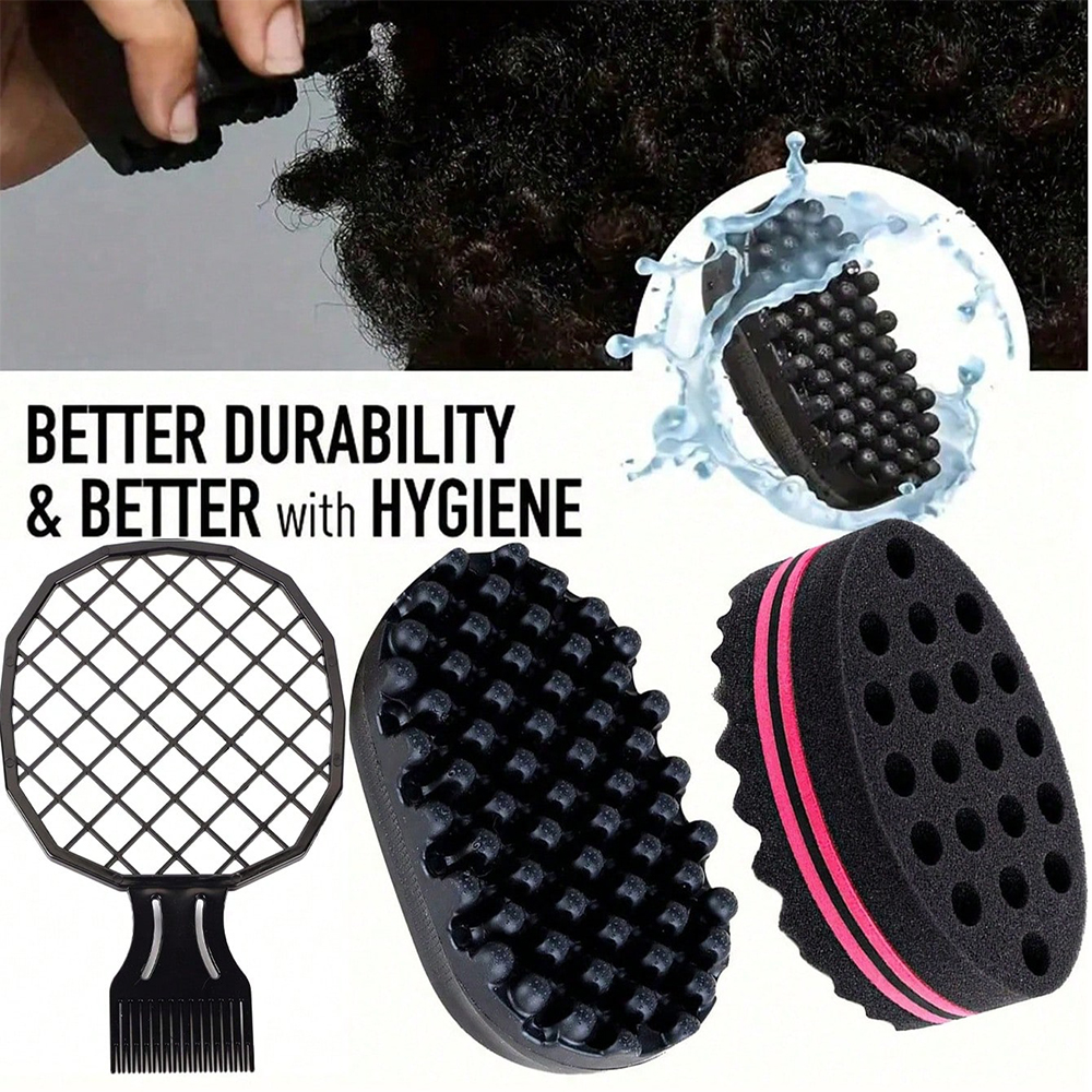 3pcs Big Holes Magic Sponge Brush Silicone Brush for Wave, Coils, and Afro Hair - Hair Care Tool for Men and Women, Hair Brushes: GRAY