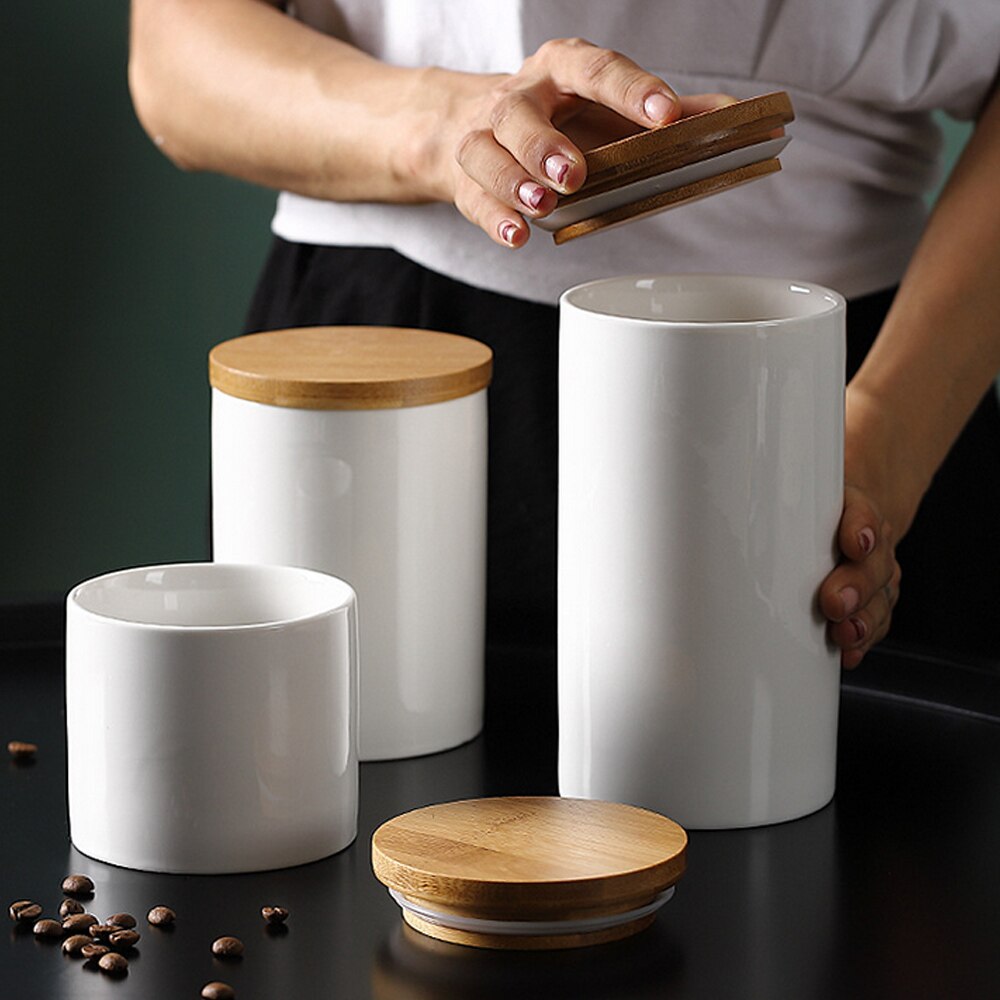 Popowbe keramiek koffiepot luchtdicht met verzegelde bamboe deksel keuken voedsel opslag pot container voor koffie thee Caddy S:260ml Zwart