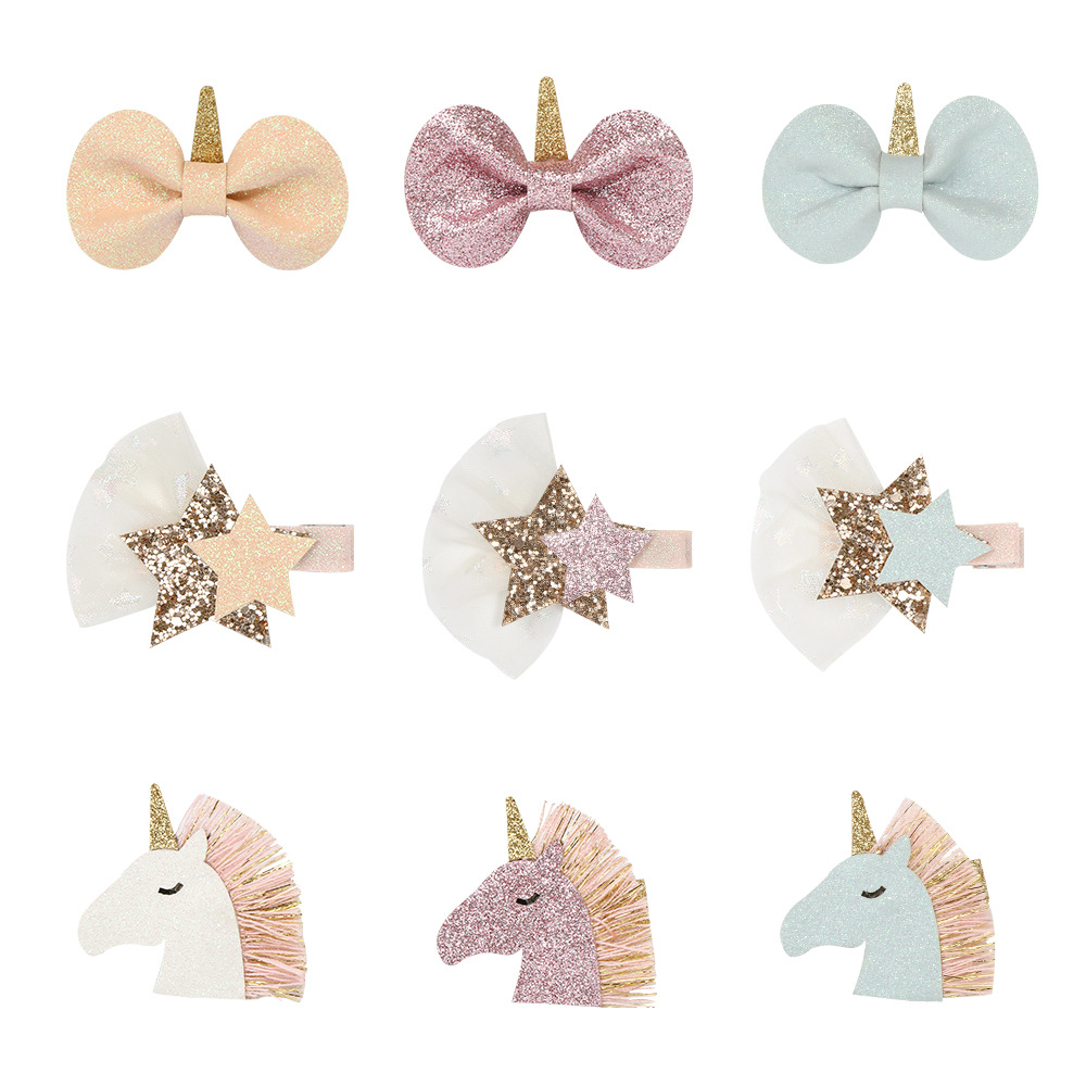 Kids Unicorn Hairpins Glitter Bow Star Hair Clips for Girls Children Headwear Barrettes Little Girl Hair Accessories