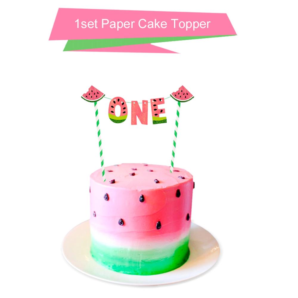 QIFU 1st Birthday Party Decorations Kids Summer Watermelon Party Cake Topper Bunting Flag Decor Pink Baby Shower Party Supplies: one cake topper
