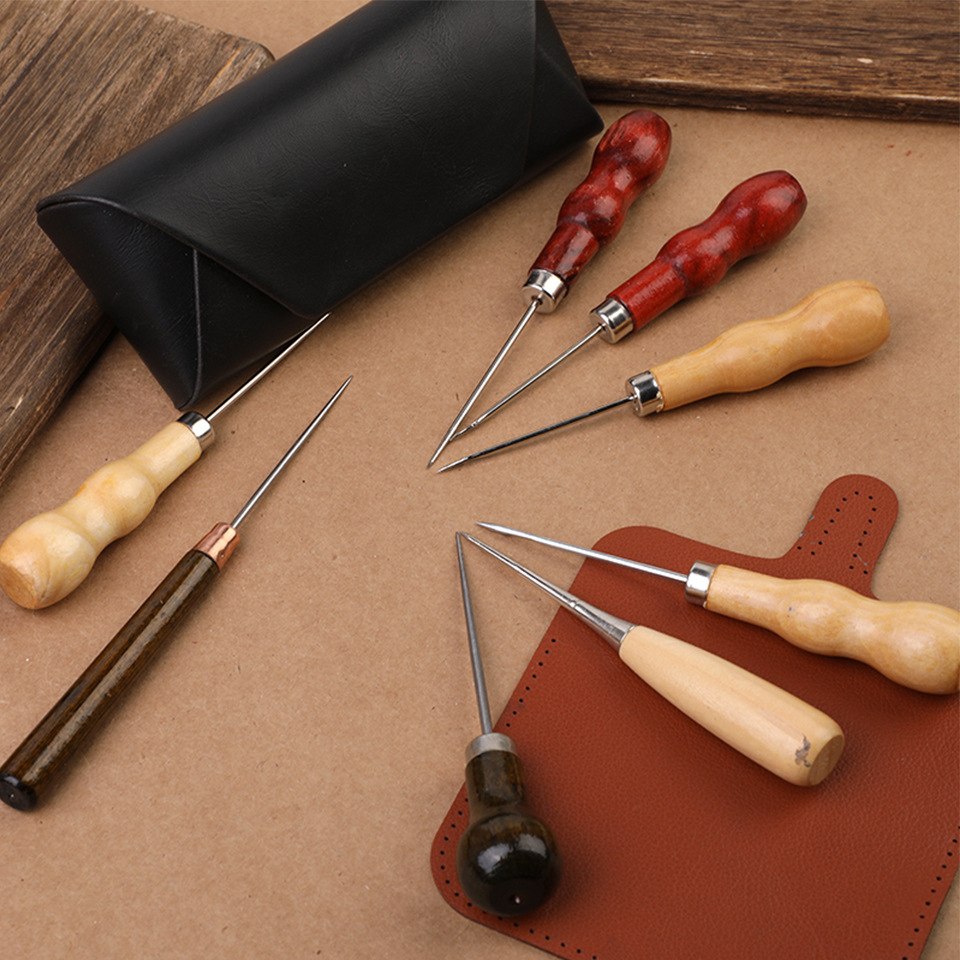 Punzón de costura con mango de madera, herramienta de punzón para rascar, punzonado para bolsa de cuero, herramienta de reparación de zapatos de costura hecha a mano, 1 ud.