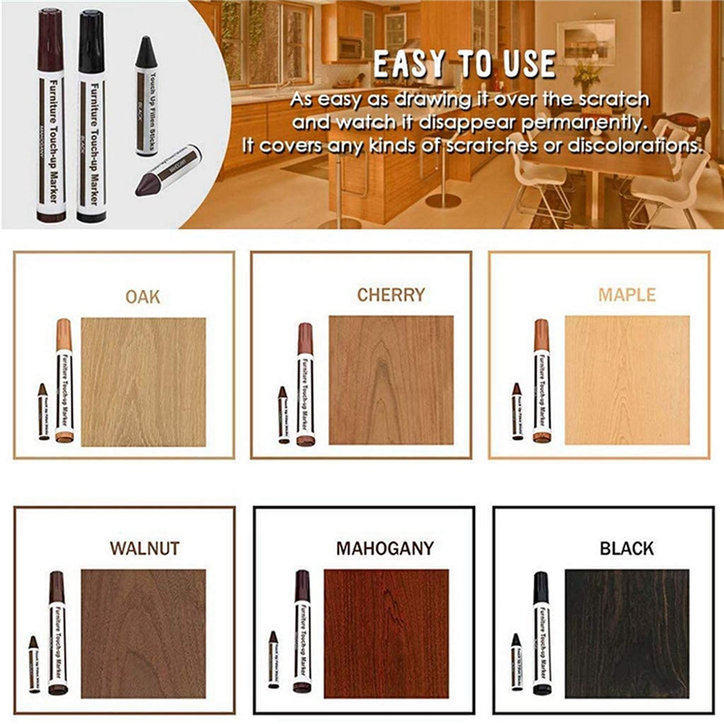 Kit de reparación de muebles, juego de 13 marcadores de madera y palos de cera con Kit de afilador, para arañazos, suelos de madera
