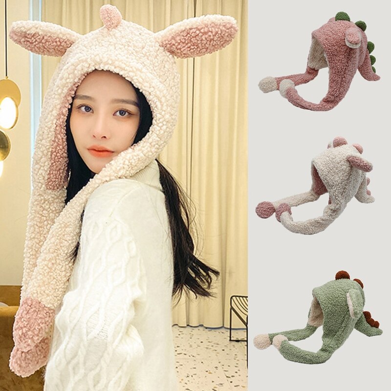 896E Kawaii Cartoon Dinosaur Movable Ears Hat Women Cute Warm Thick Warm Hoodies Neck Scarf with Windproof Winter Autumn