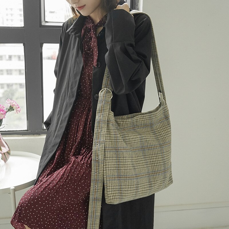 Kvinner tykk ull lerret skulderveske kvinnelig årgang preppy rutete glidelås crossbody vesker jenters butikk kapasitet justerbare vesker