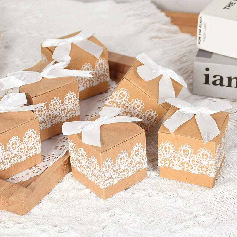 10/30/50pcs Lace Bow Candy Boxes Wedding for Guests Chocolate Packaging Box Bag Birthday Party Baby Shower Supplies
