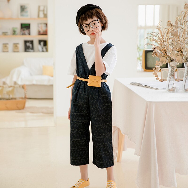 4 to 14 years kids & teenager girls summer geometric print cotton casual overall capris children girls jumpsuits clothes