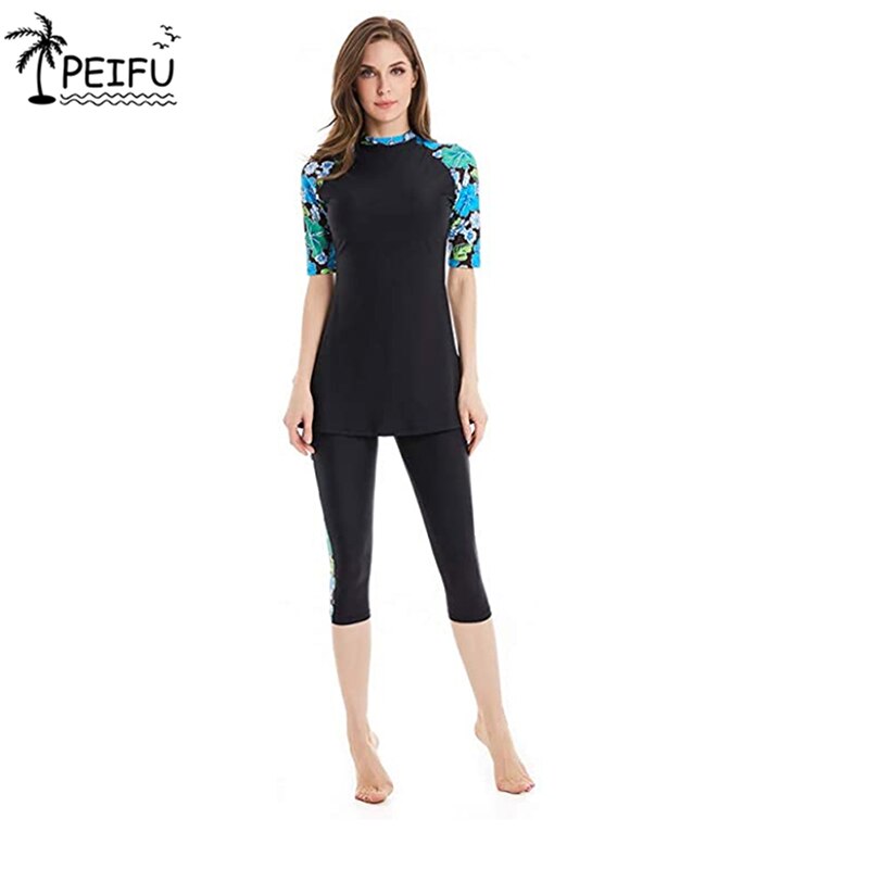 Peifu floral plus size kvinders beskedne badedragt muslimsk badetøj rash guard surfedragt kortærmet badedragt burkini s -4xl