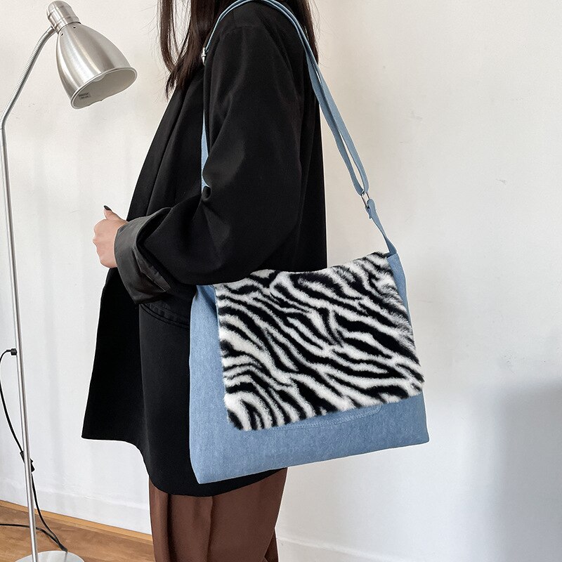 Tassen Vrouwen Vrouwen Mode Denim Schoudertas Grote Capaciteit Luipaard Zebra Print Pluche Messenger Bag dames Bolsos